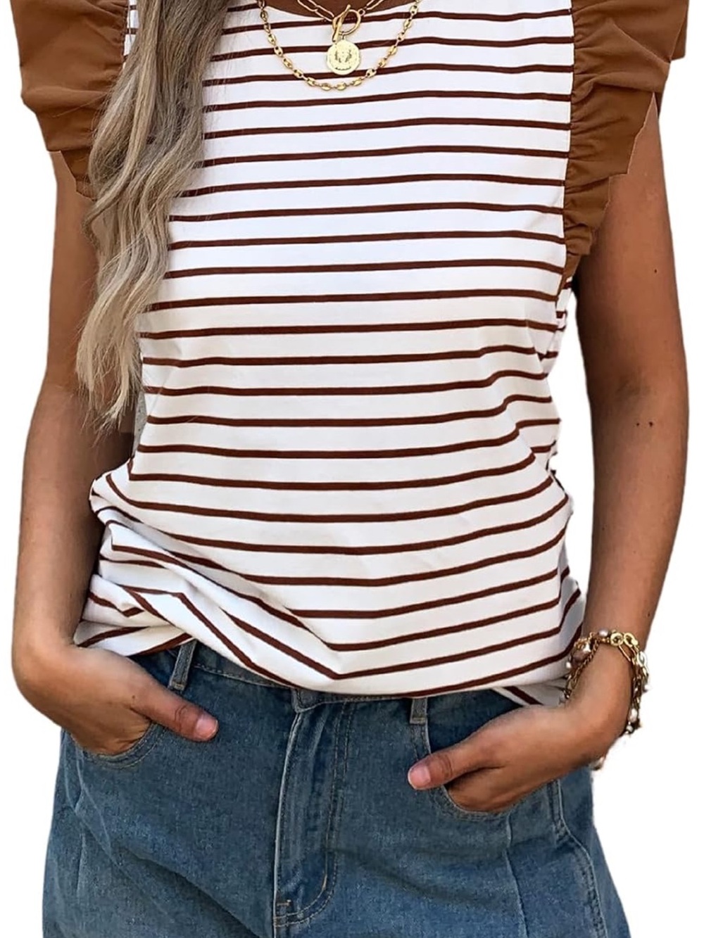 Striped Ruffle Sleeve Women’s Top - Cream and Brown